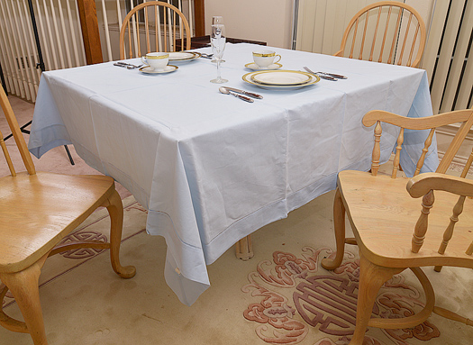 Happy Festive 70" Square tablecloth. Baby Blue color - Click Image to Close